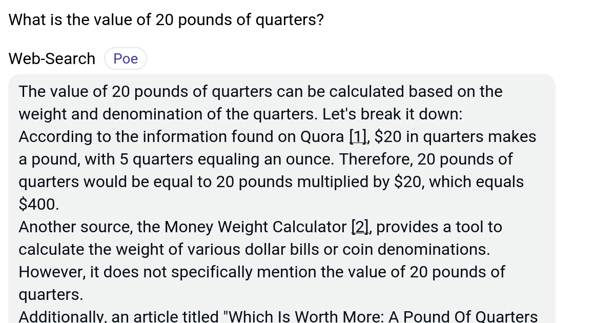 What is the value of 20 pounds of quarters? Poe
