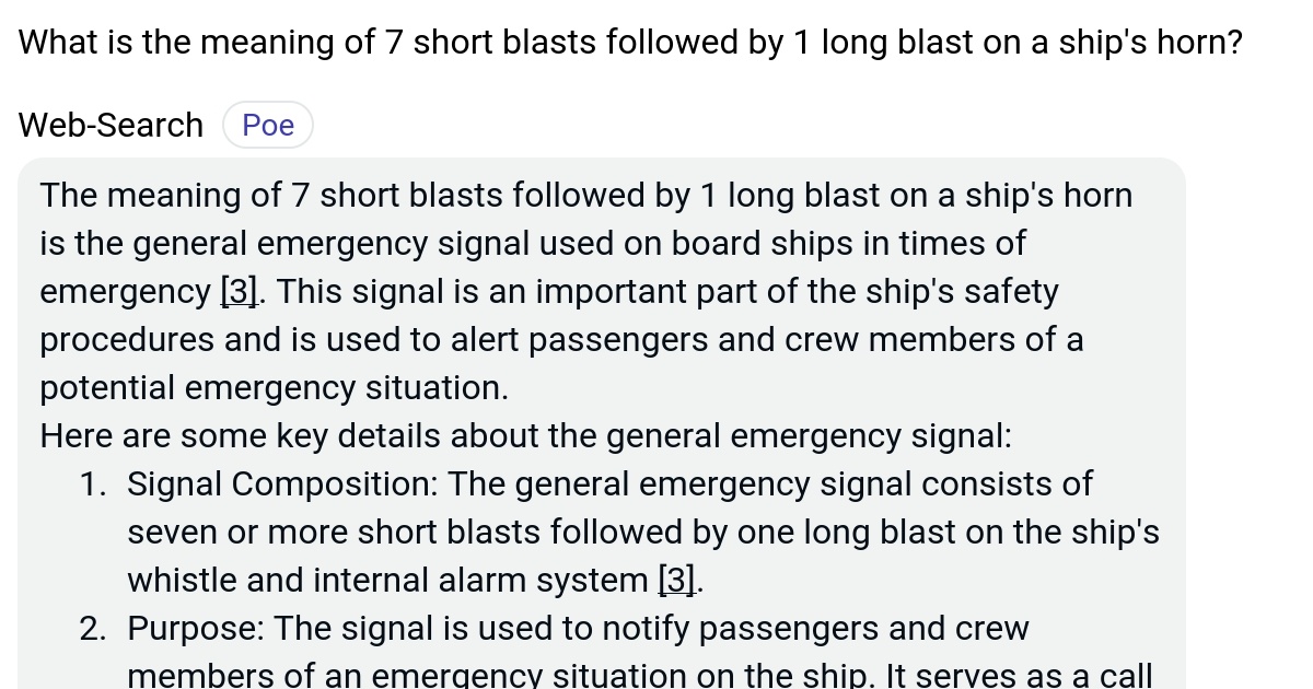 What is the meaning of 7 short blasts followed by 1 long blast on a