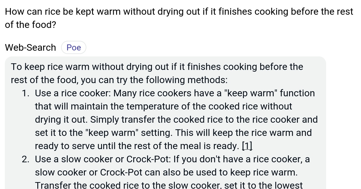 How can rice be kept warm without drying out if it finishes cooking