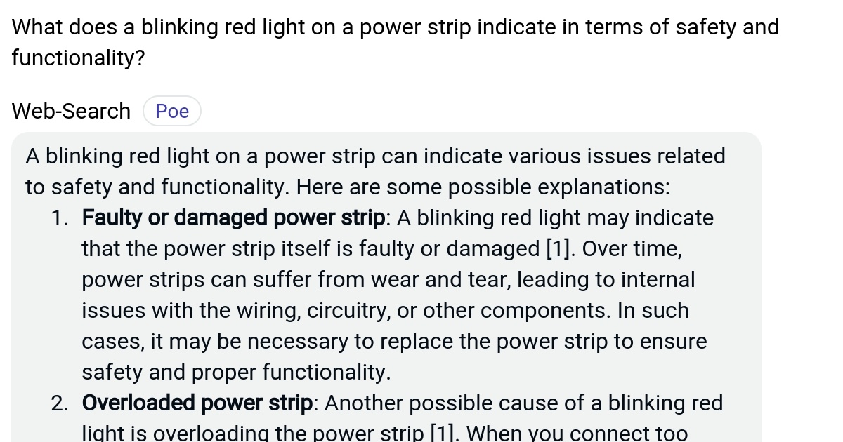 What does a blinking red light on a power strip indicate in terms of