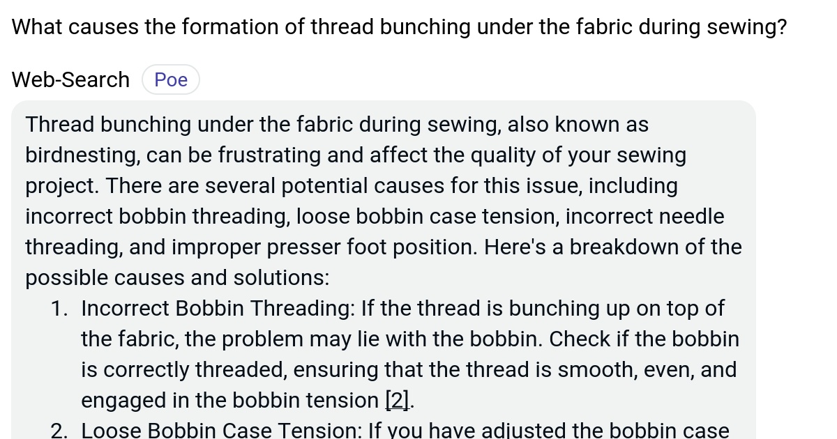 What causes the formation of thread bunching under the fabric during