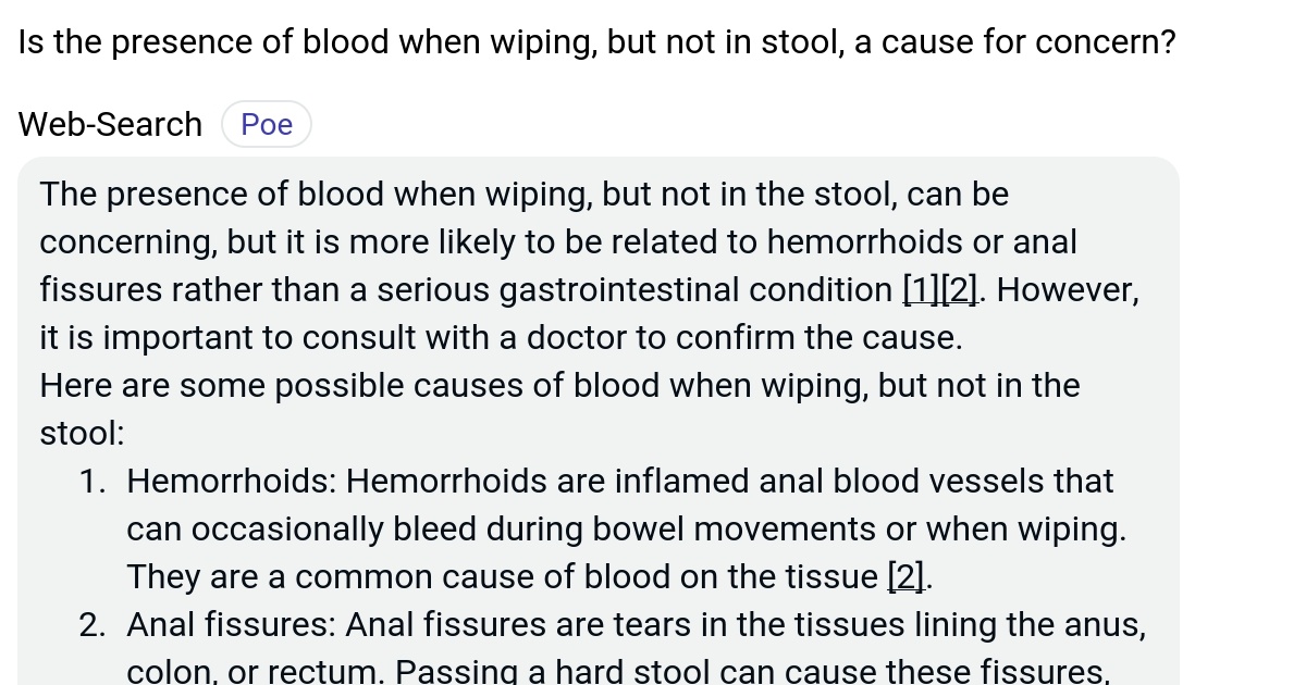 Is the presence of blood when wiping, but not in stool, a cause for