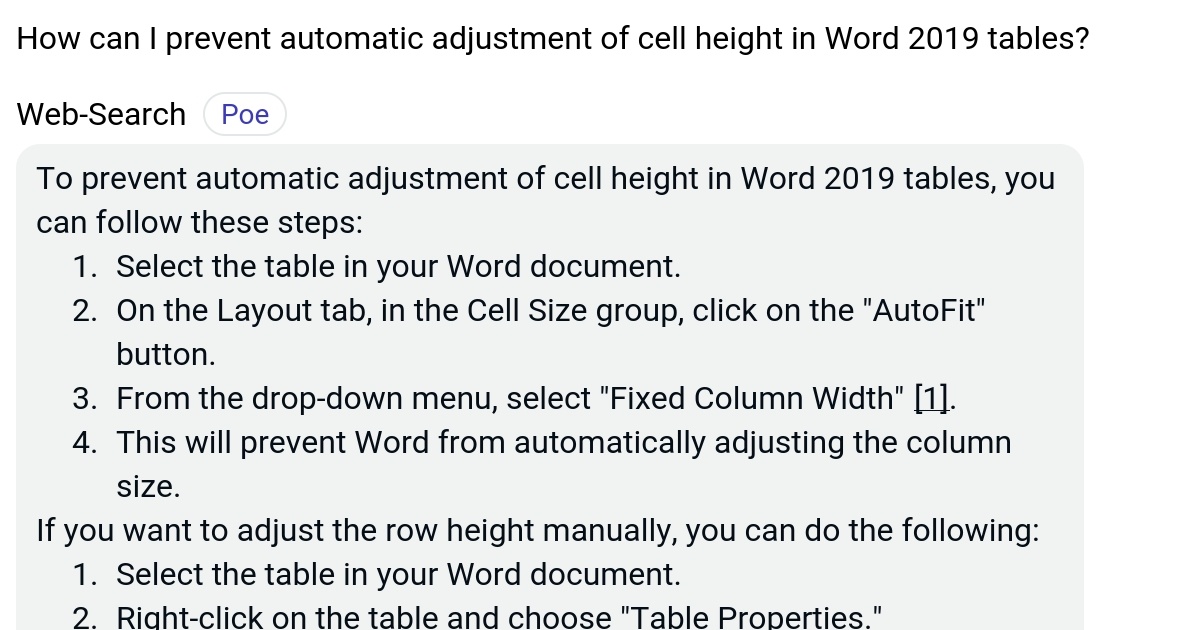 How can I prevent automatic adjustment of cell height in Word 2019