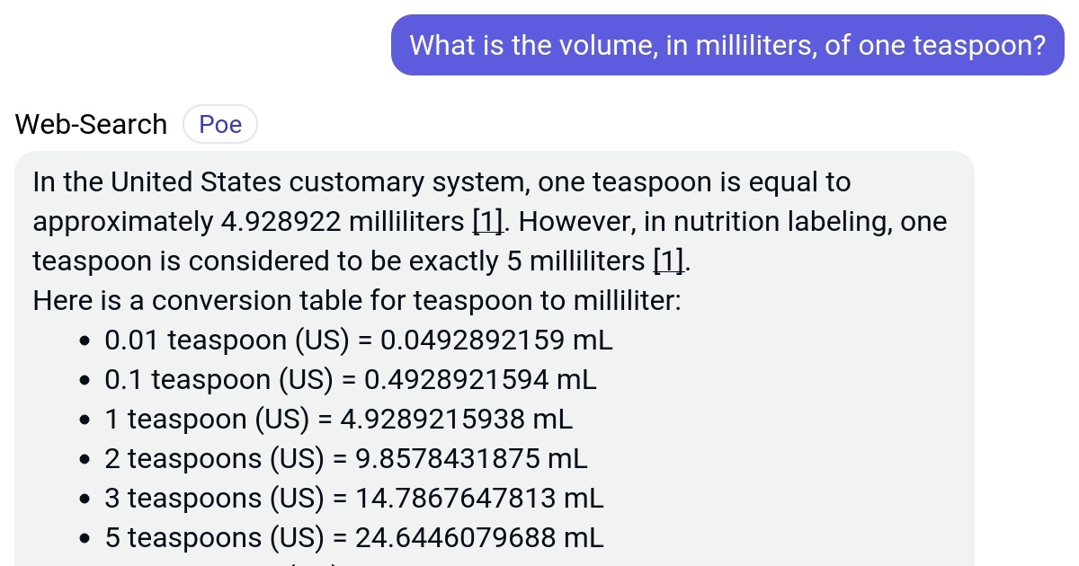 What is the volume, in milliliters, of one teaspoon? Poe