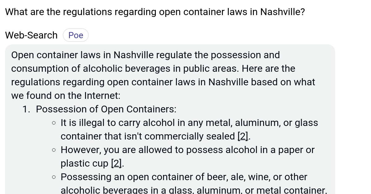 What are the regulations regarding open container laws in Nashville? Poe