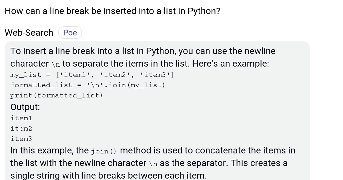 How can a line break be inserted into a list in Python? Poe