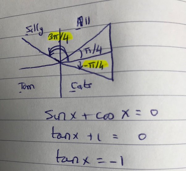 How does x= 3pi/4,pi/ 4 when sinx+cosx=0? Quora