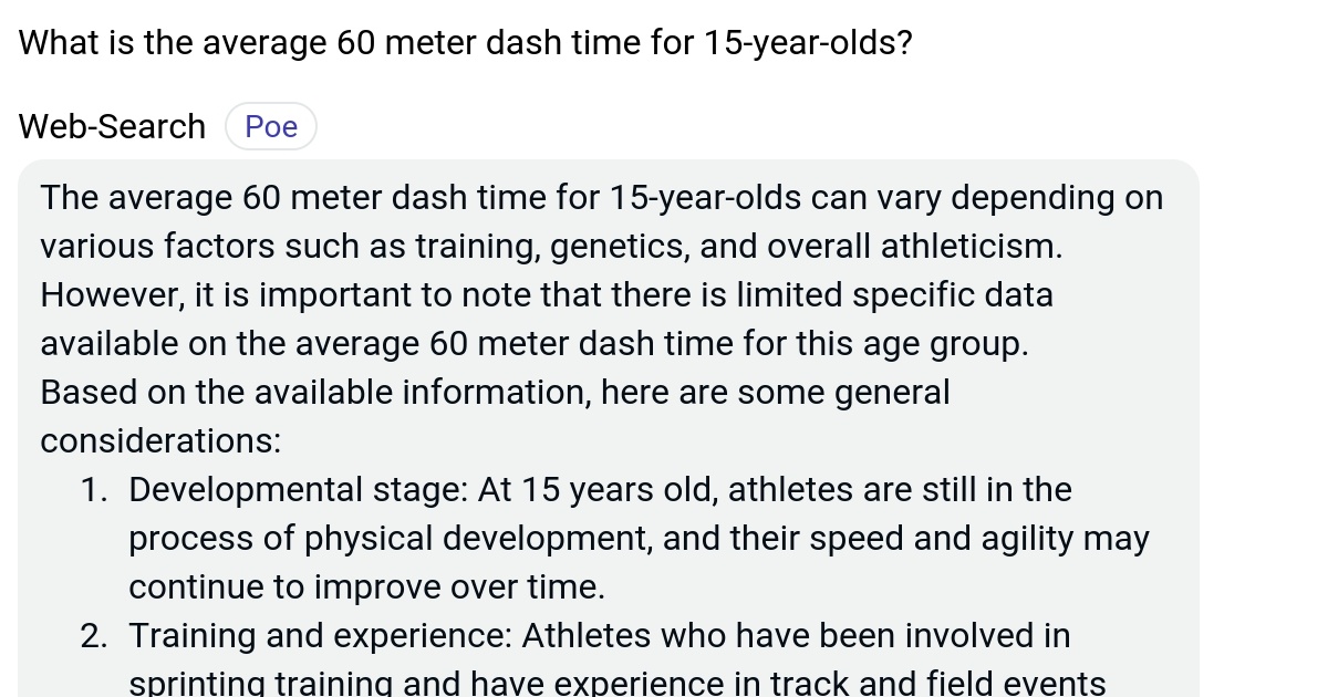 What is the average 60 meter dash time for 15yearolds? Poe