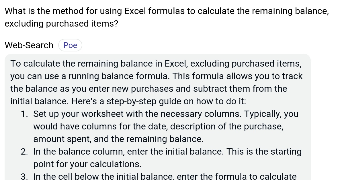 What is the method for using Excel formulas to calculate the remaining