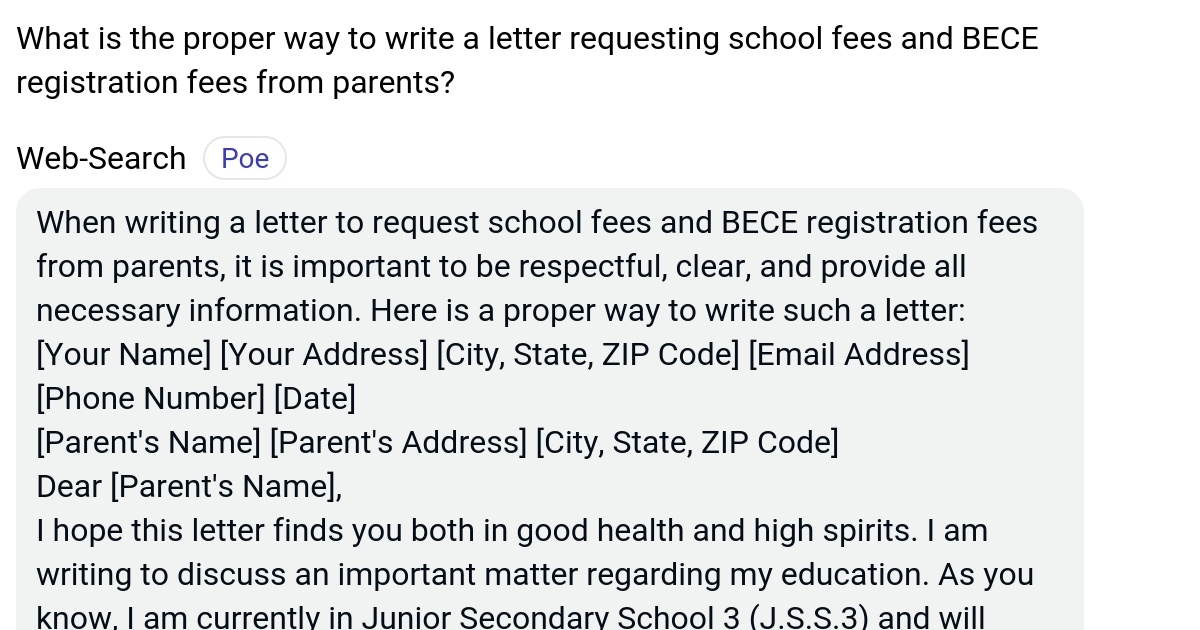 What is the proper way to write a letter requesting school fees and BECE registration fees from