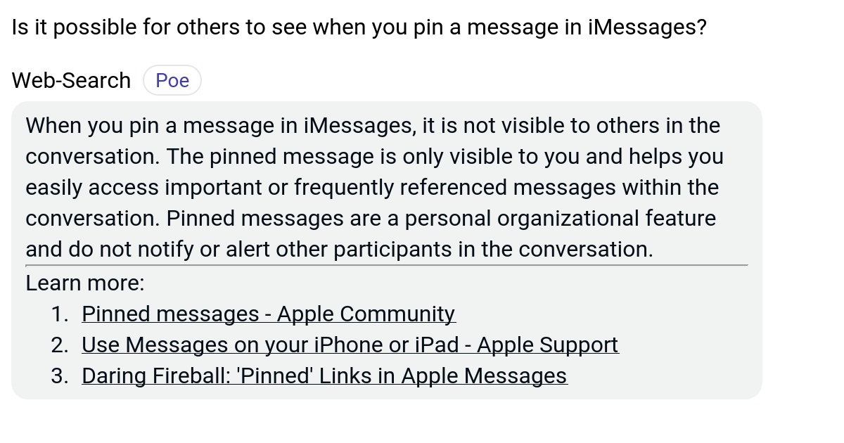 Is it possible for others to see when you pin a message in iMessages? Poe