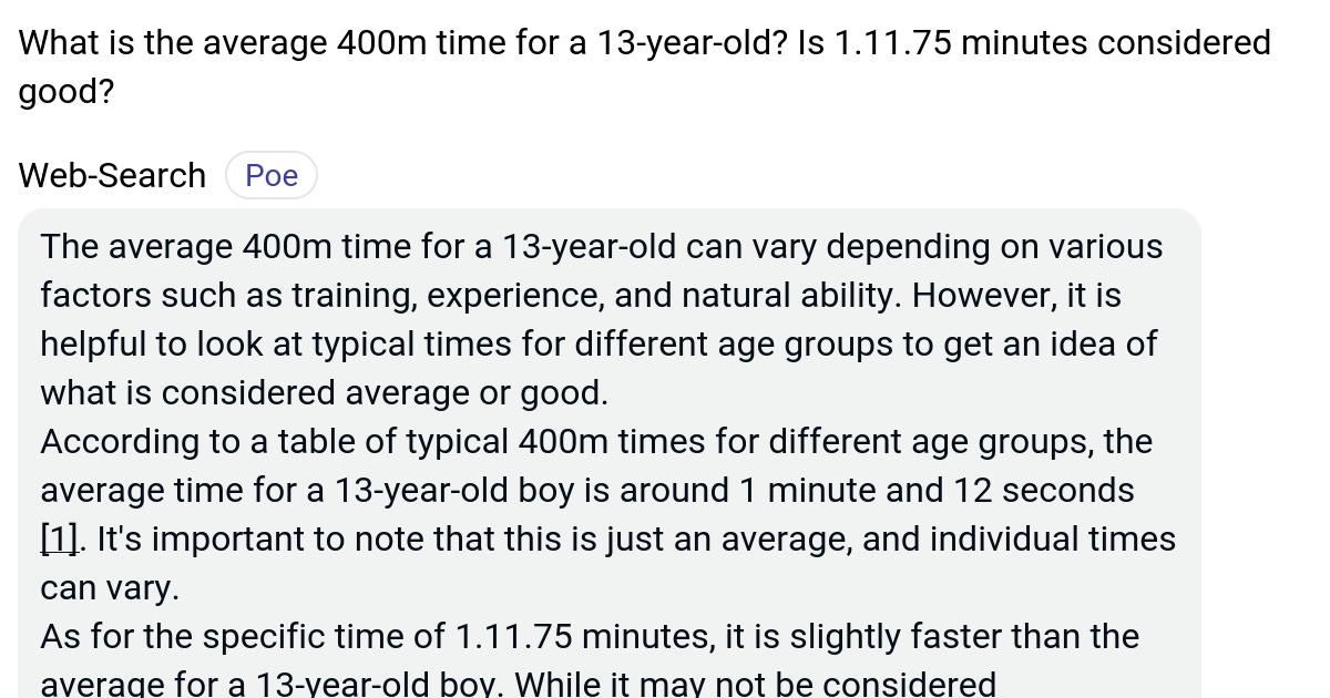 What is the average 400m time for a 13yearold? Is 1.11.75 minutes