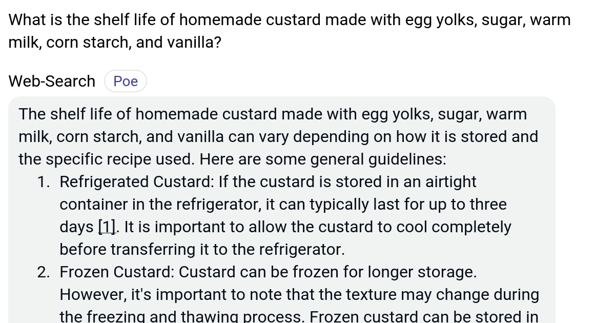 What is the shelf life of homemade custard made with egg yolks, sugar, warm milk, corn starch