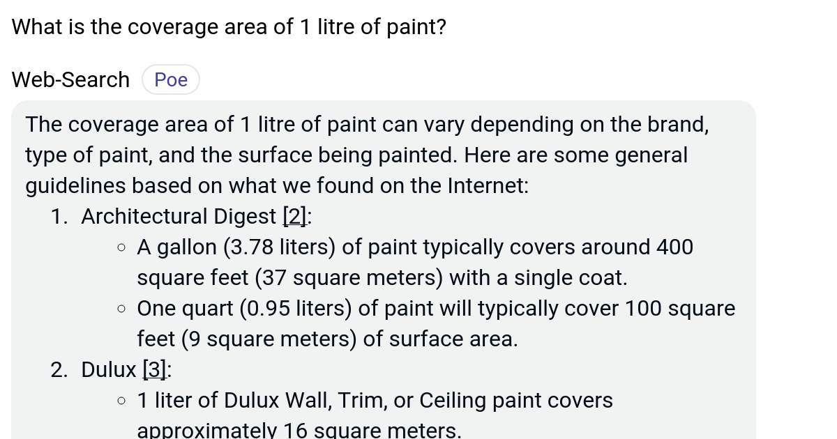 What is the coverage area of 1 litre of paint? Poe