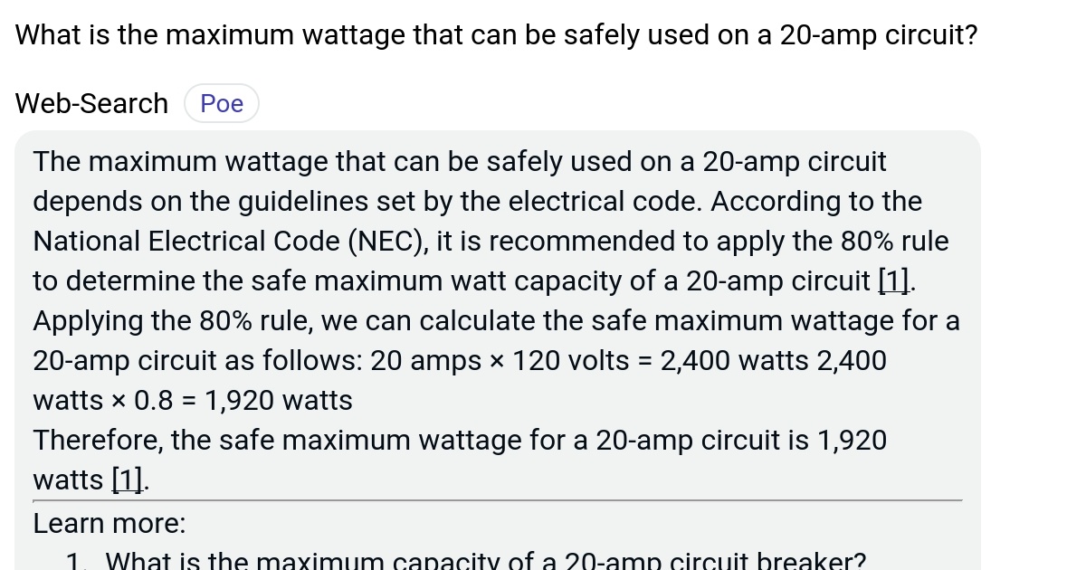 What is the maximum wattage that can be safely used on a 20amp circuit