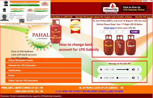 How do change my bank account for LPG subsidy online, if I have two