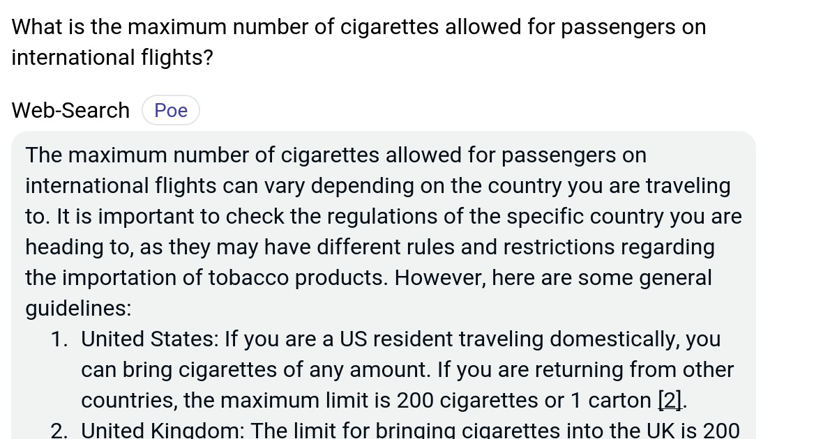 What is the maximum number of cigarettes allowed for passengers on