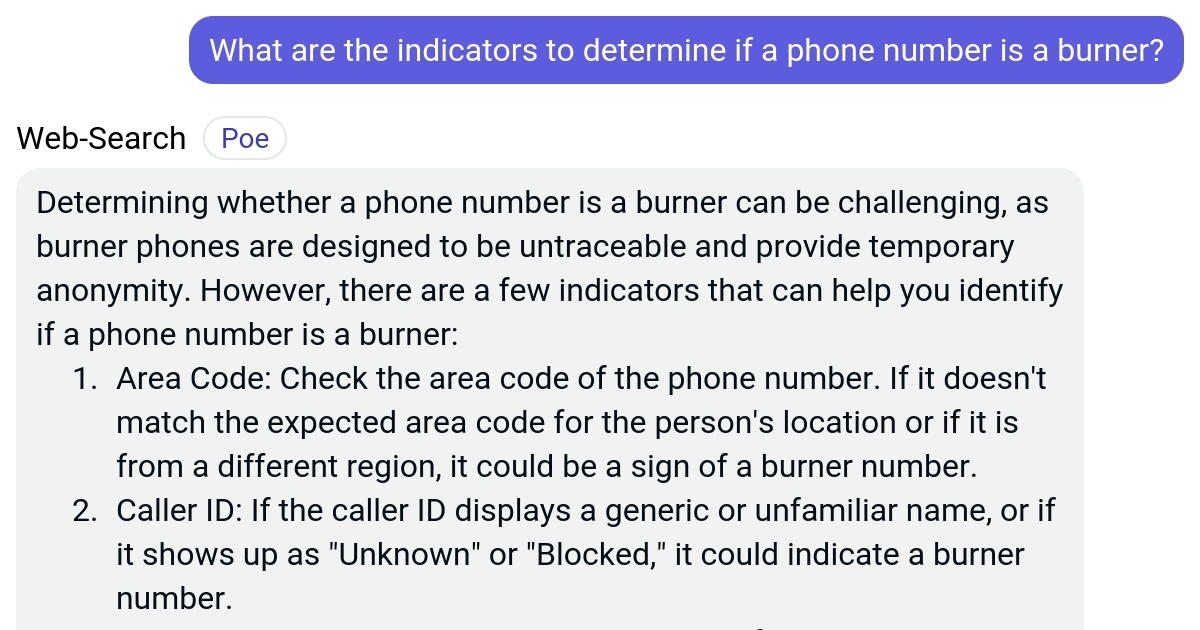 What are the indicators to determine if a phone number is a burner? Poe