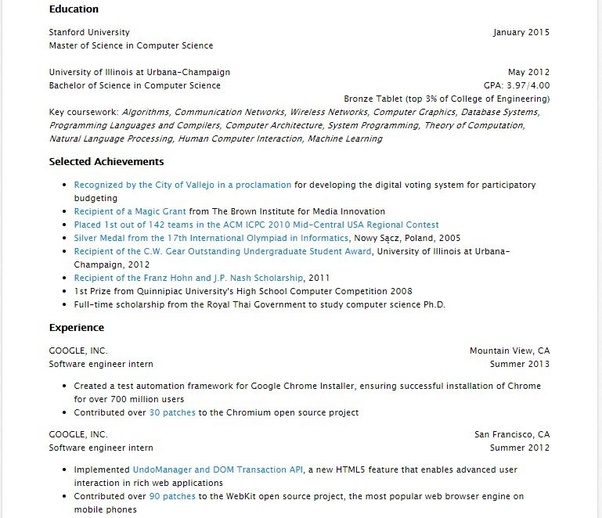 All the resumes templates are at your disposal without any guaranty. What Does A Stanford Admitted Master Student S Resume In Cs Really Look Like In The Aspects Of Recommendation Letter Research Internship Etc Quora