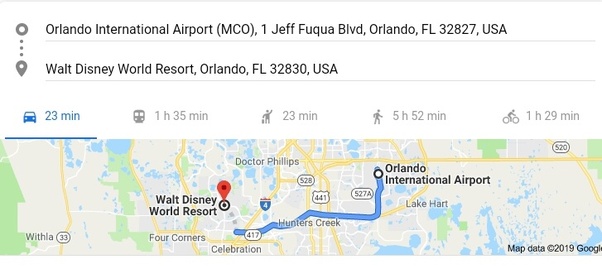 How far is the Orlando International Airport from Walt Disney World