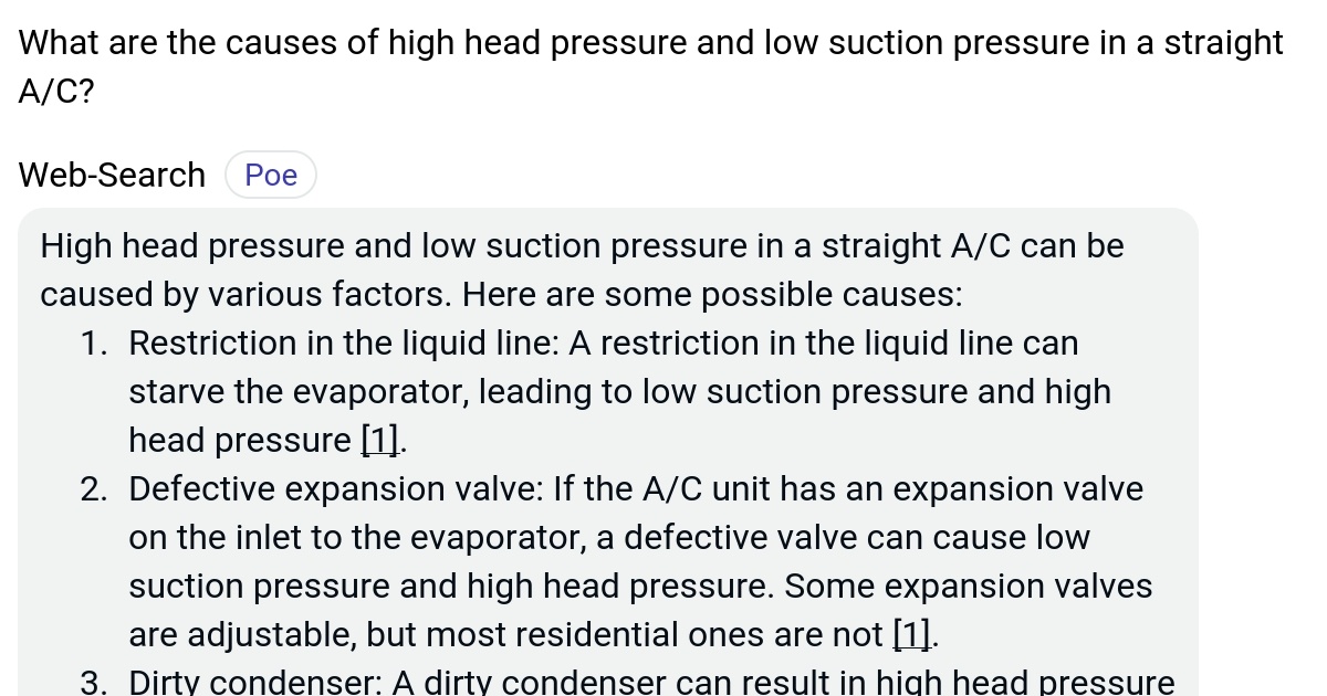What are the causes of high head pressure and low suction pressure in a
