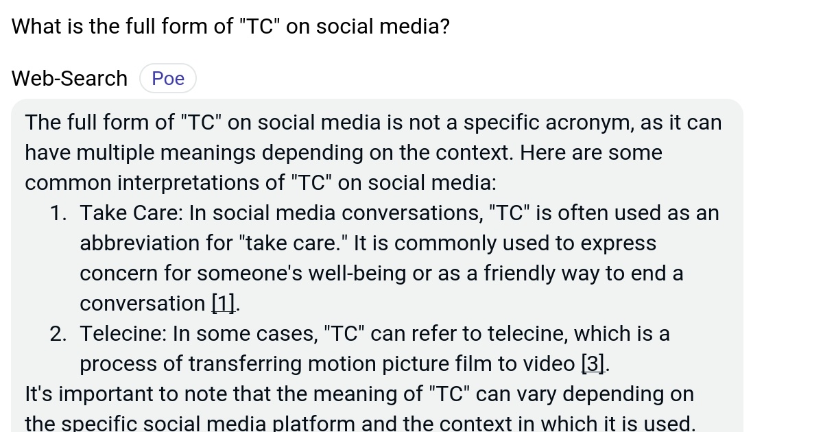 What is the full form of "TC" on social media? Poe