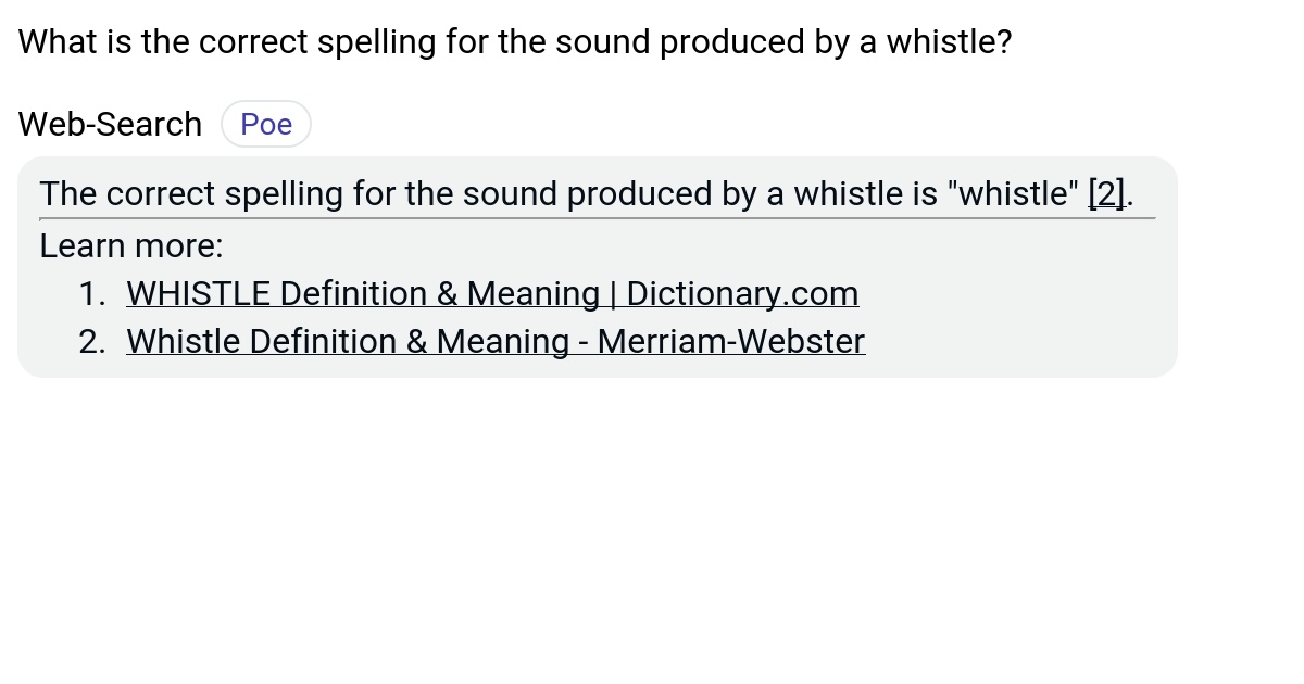 What is the correct spelling for the sound produced by a whistle? Poe