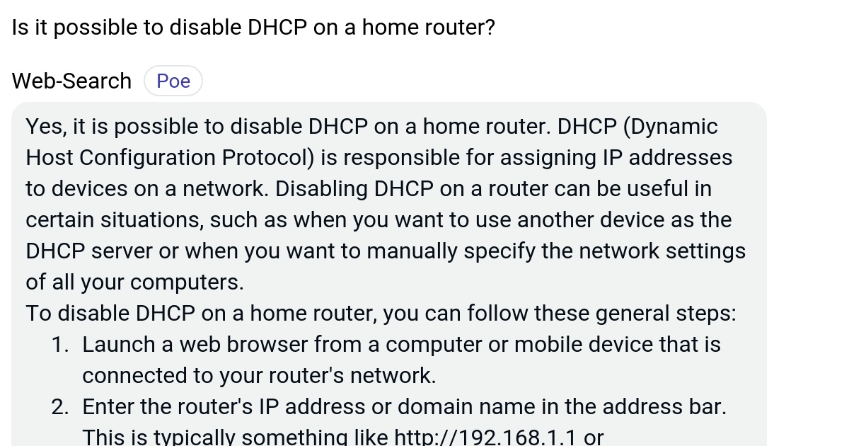 Is it possible to disable DHCP on a home router? Poe