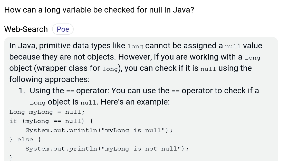 How can a long variable be checked for null in Java? Poe