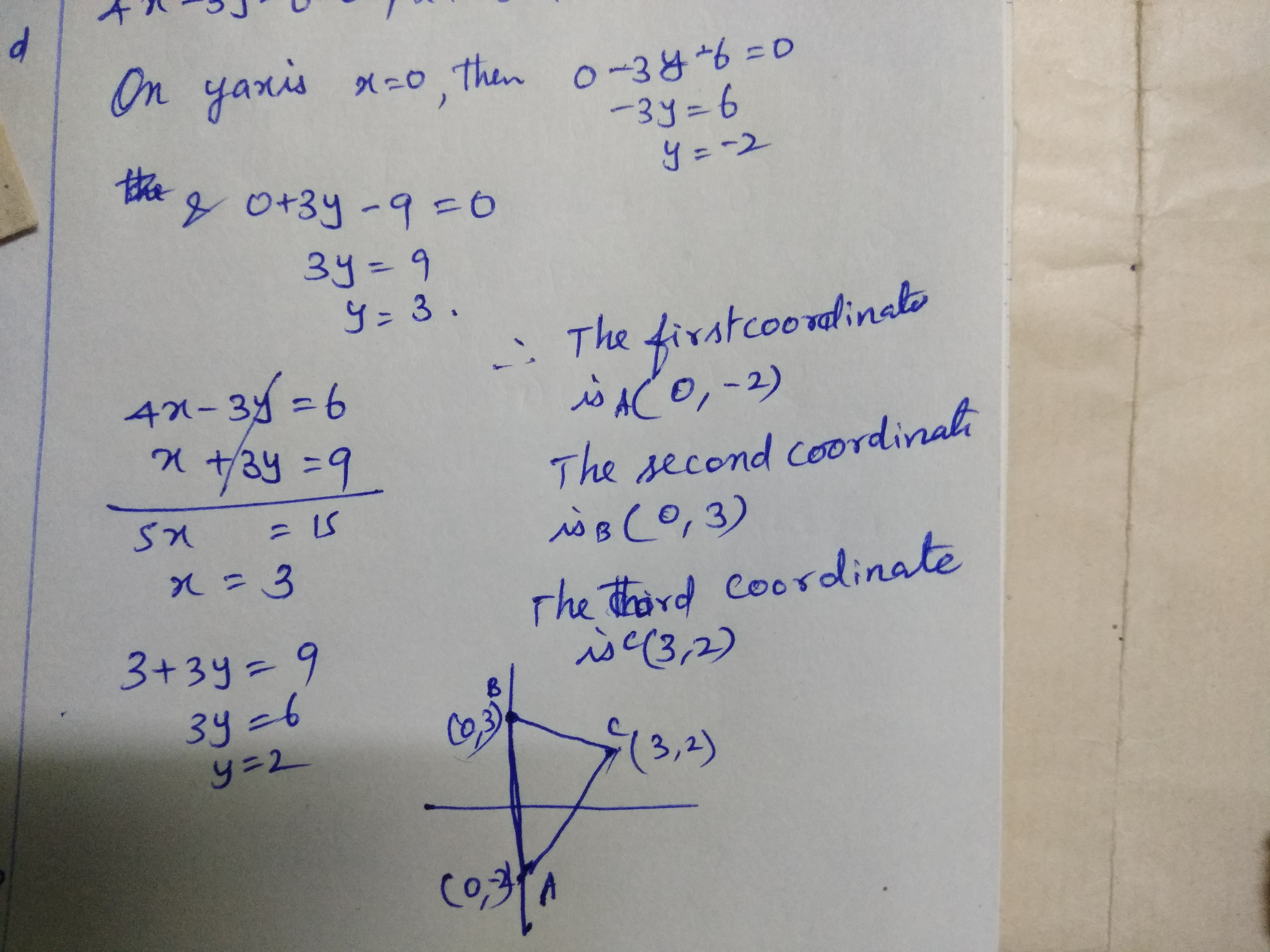 Bagaimana Anda menentukan koordinat titik sudut segitiga yang dibentuk oleh  garis yang diwakili oleh persamaan dan sumbu y, yang dibentuk oleh  persamaan linier 4x-3y-6=0,x+3y-9=0? - Quora