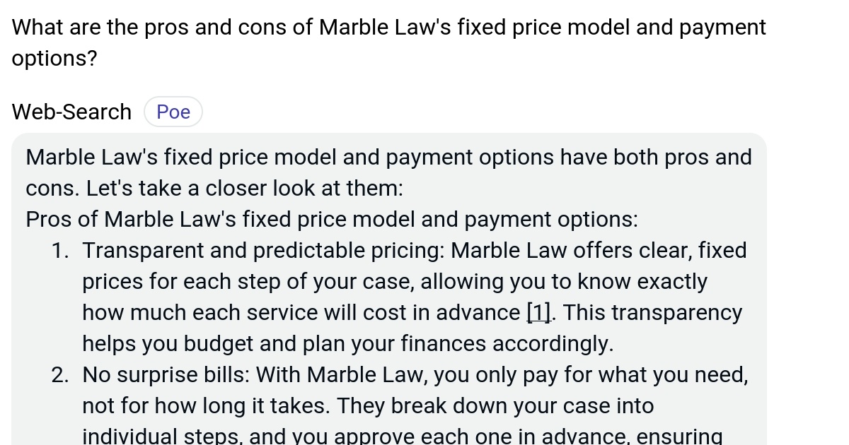 What are the pros and cons of Marble Law's fixed price model and