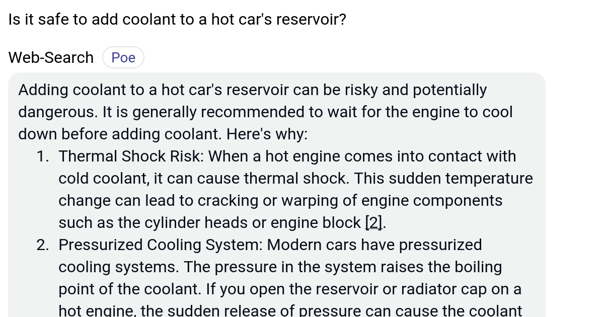 Is it safe to add coolant to a hot car's reservoir? Poe