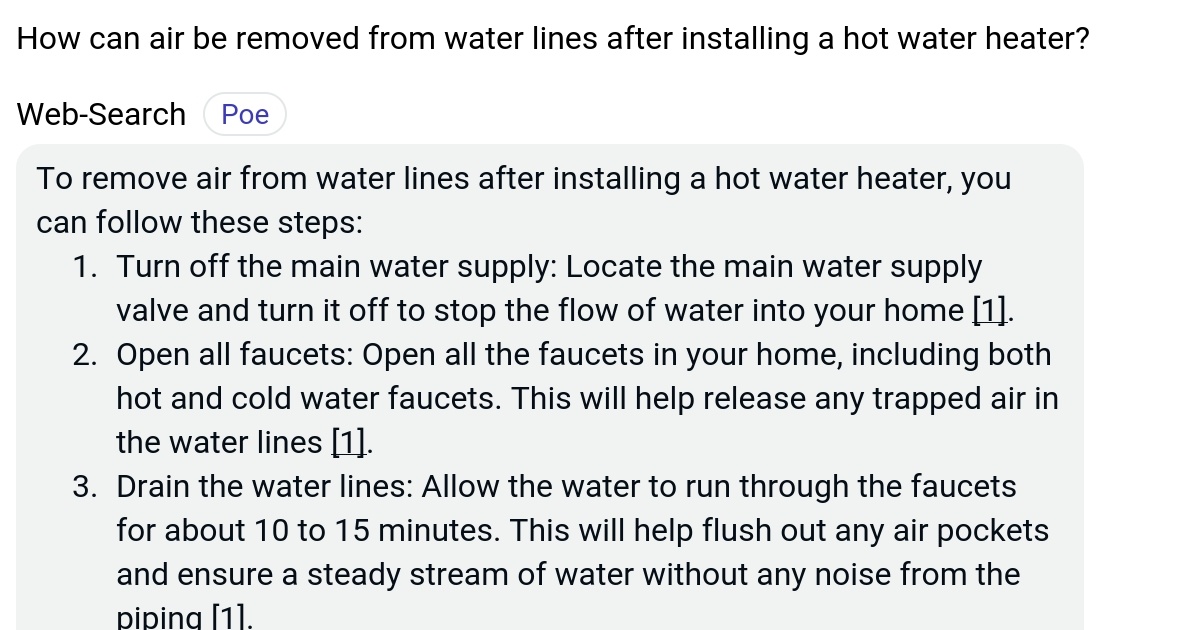 How can air be removed from water lines after installing a hot water