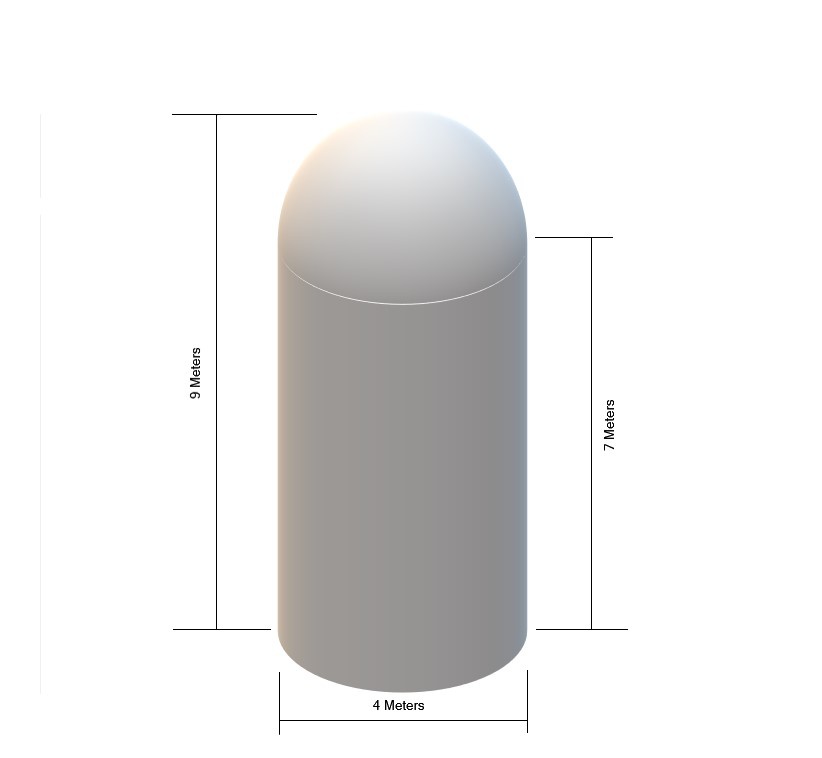 Tangki penyimpanan berbentuk silinder dengan salah satu ujungnya berbentuk  setengah bola, sedangkan ujung lainnya datar. Diameter silinder adalah 4 m  dan tinggi keseluruhan tangki adalah 9 m. Berapa kapasitas tangki? - Quora