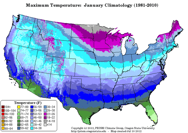 Which US states have the most below freezing temperatures during the