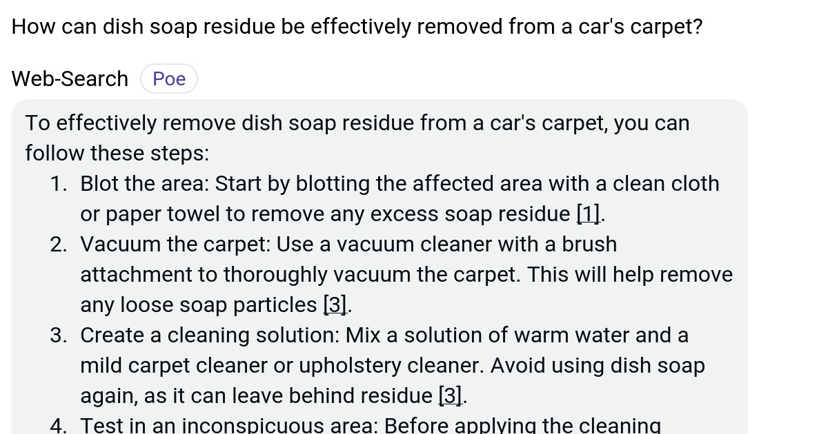 How can dish soap residue be effectively removed from a car's carpet? Poe