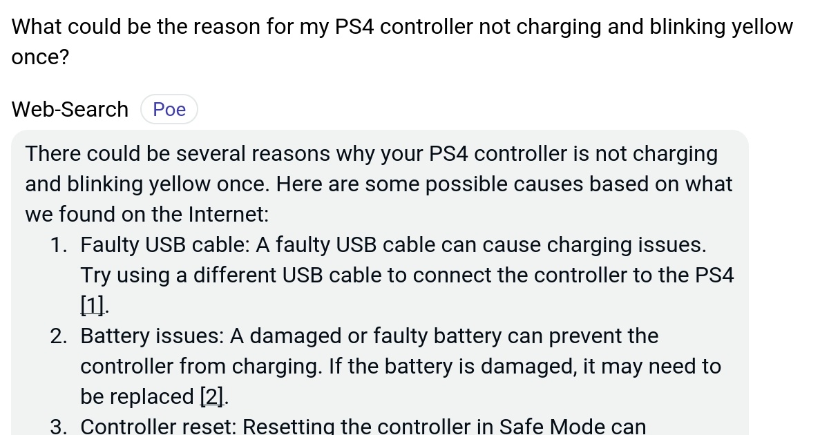 What could be the reason for my PS4 controller not charging and blinking yellow once? Poe