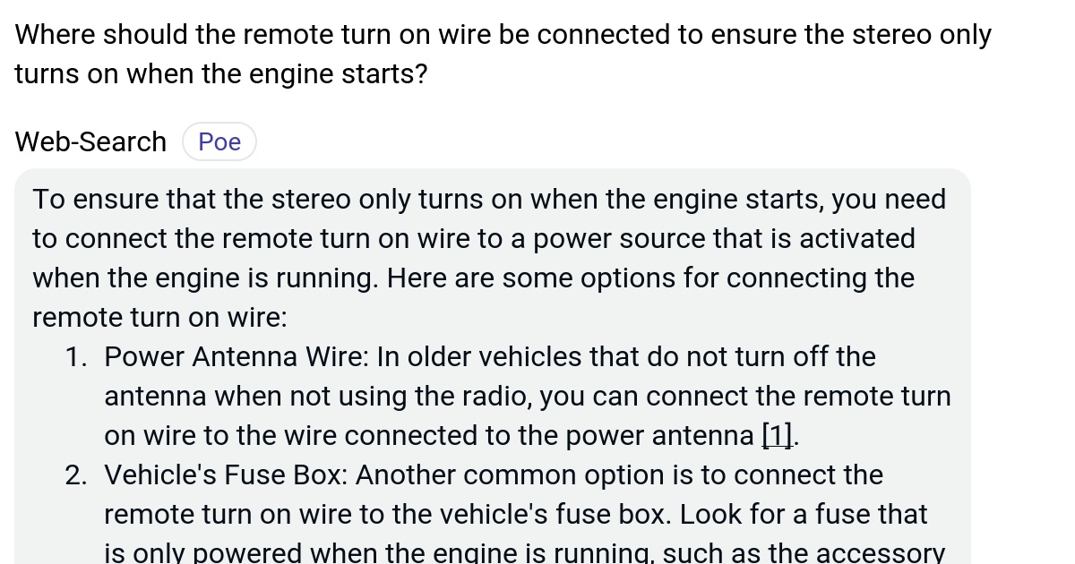 Where should the remote turn on wire be connected to ensure the stereo