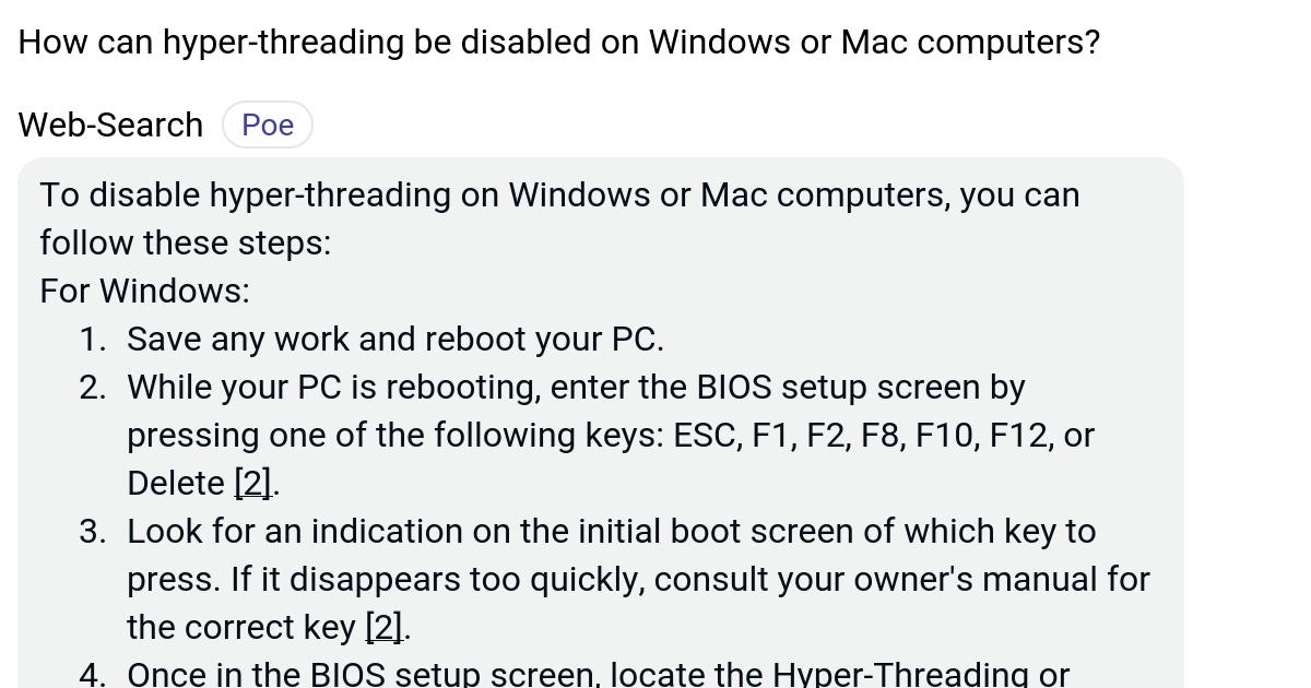 How can hyperthreading be disabled on Windows or Mac computers? Poe