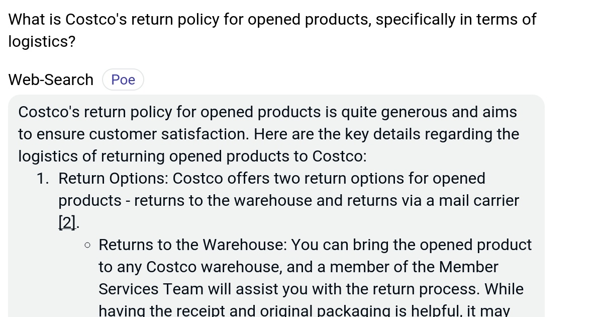 What is Costco's return policy for opened products, specifically in terms of logistics? Poe