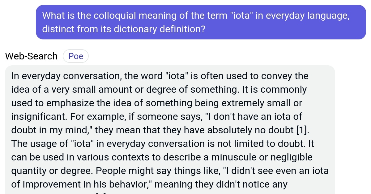 What is the colloquial meaning of the term "iota" in everyday language