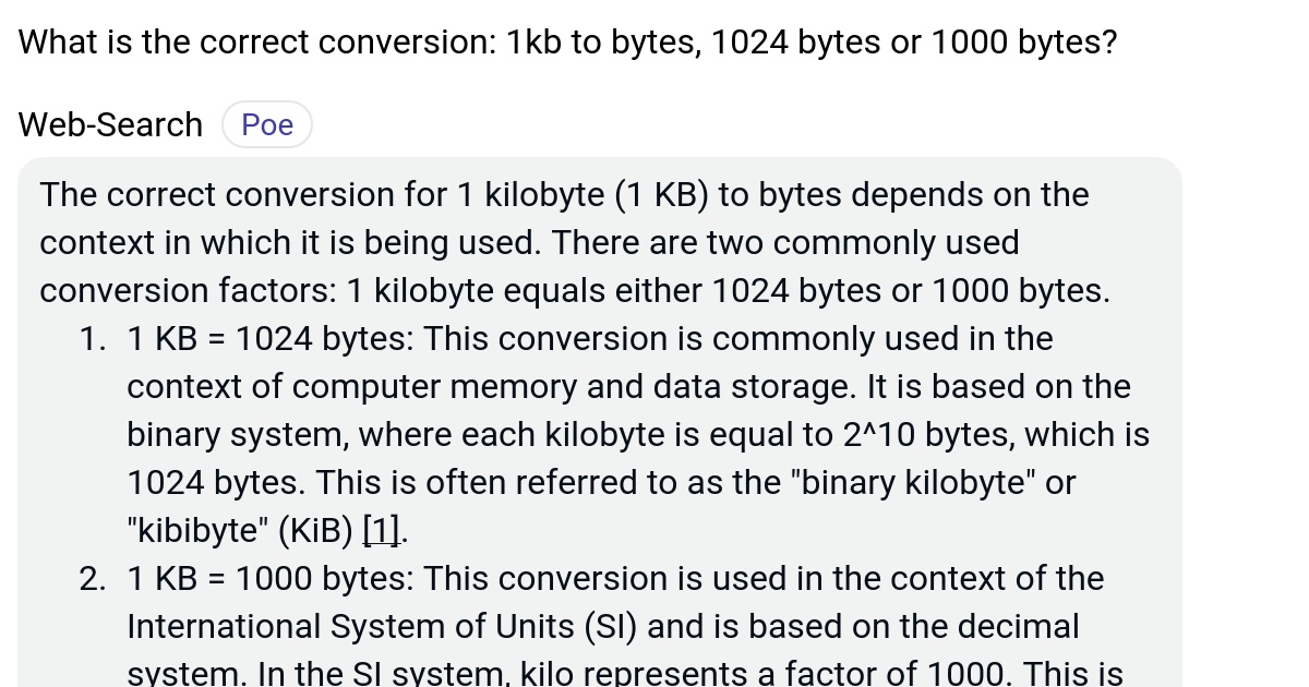 What is the correct conversion 1kb to bytes, 1024 bytes or 1000 bytes