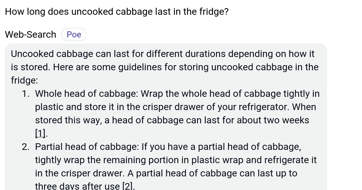 How long does uncooked cabbage last in the fridge? Poe