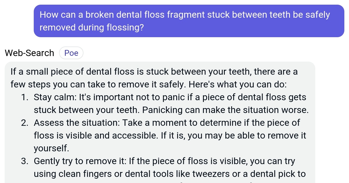 How can a broken dental floss fragment stuck between teeth be safely