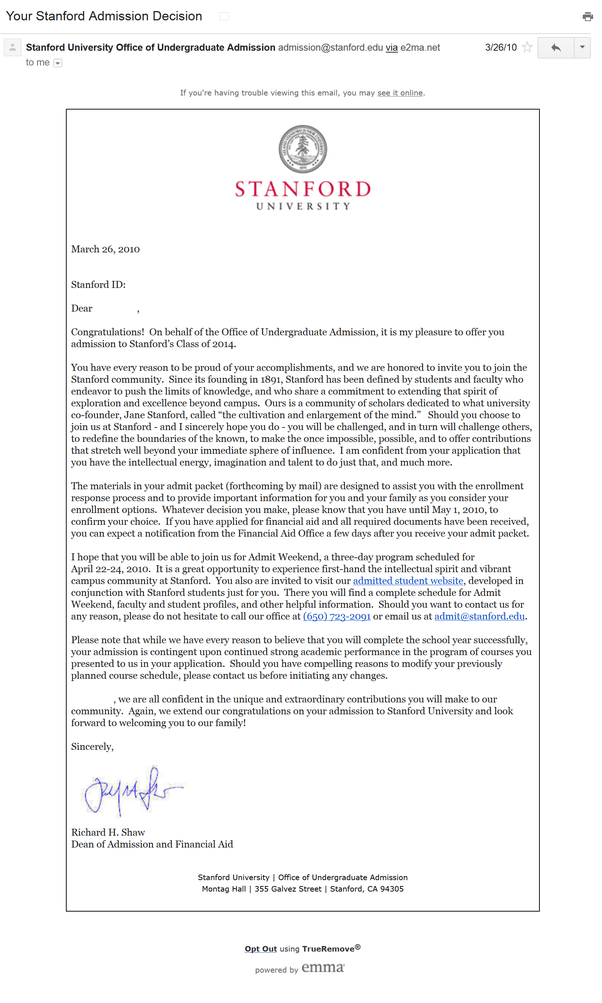 What does a Stanford letter of acceptance to undergraduate study look