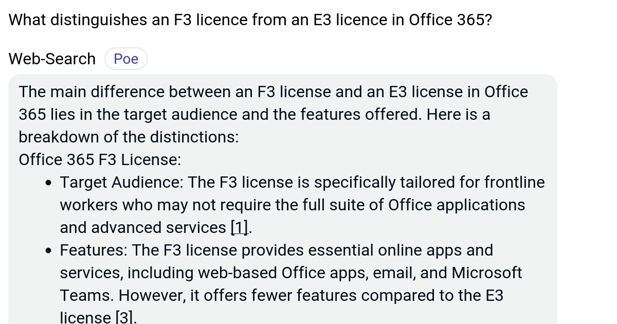 What distinguishes an F3 licence from an E3 licence in Office 365? Poe