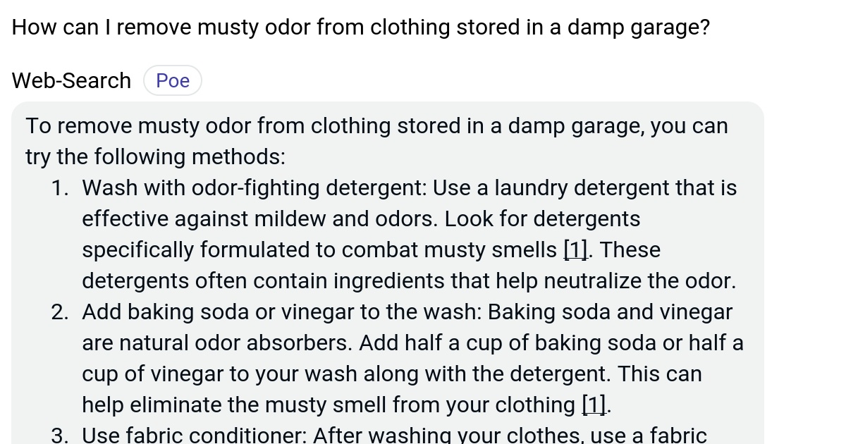 How can I remove musty odor from clothing stored in a damp garage? Poe