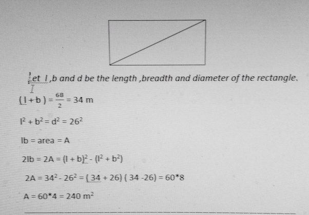 If the perimeter of a rectangular lot is 68 m and the length of its