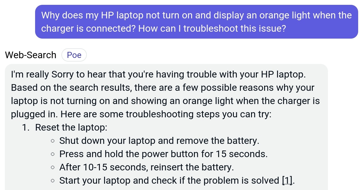 Why does my HP laptop not turn on and display an orange light when the charger is connected? How