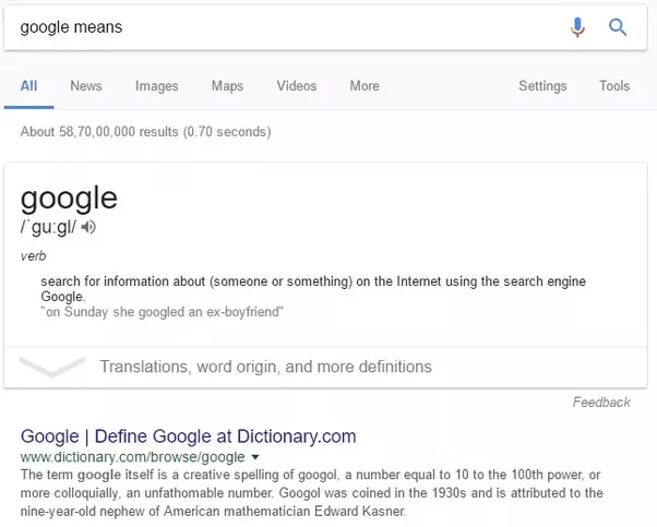 When we search for the meaning of an English word in Google, from which
